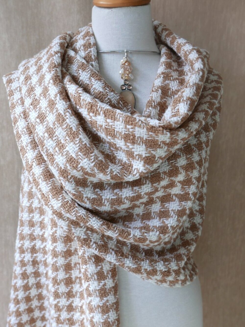Camel & White Large Houndstooth Wool Scarf/Wrap